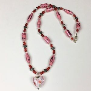 Handmade Paper Bead Necklace Glass Heart Pendant
